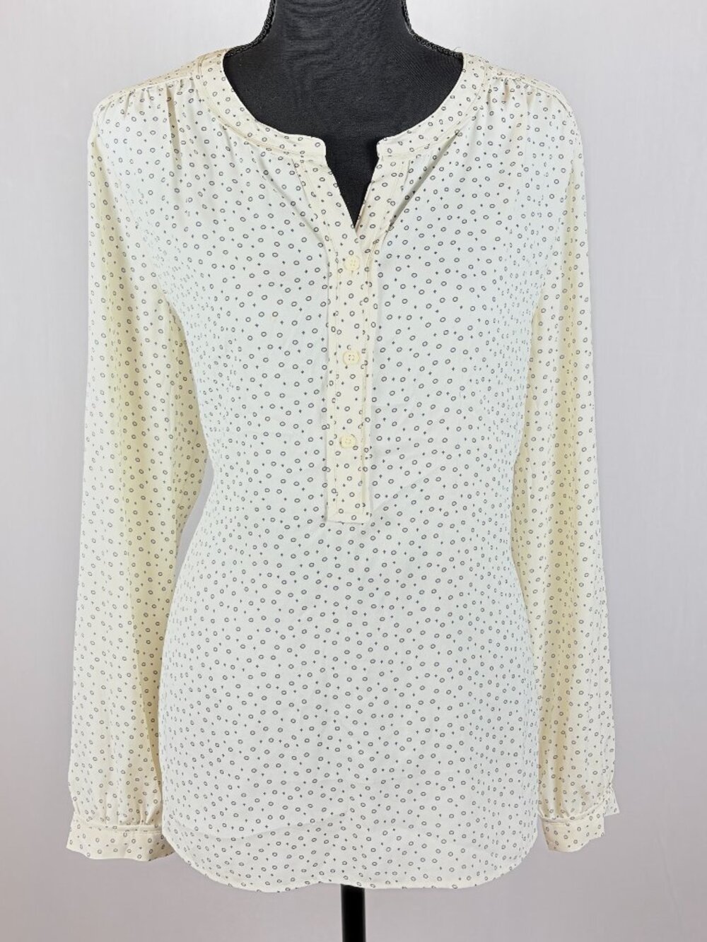 LOFT | Printed Button Front Blouse |  L | Ivory Black Long Sleeve Popover Top